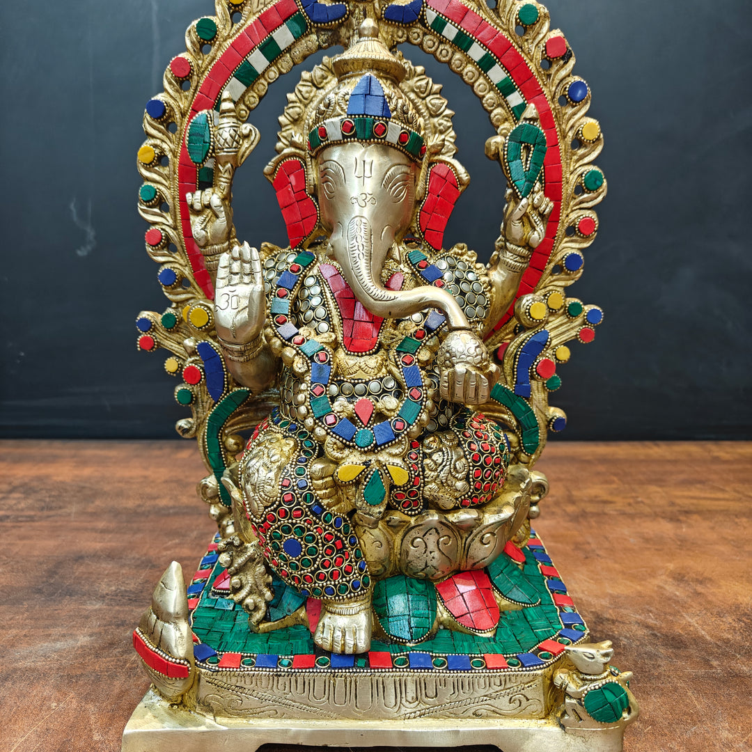Brass Ganesha Statue Sitting On Lotus Base With Stone Work 18 Inches