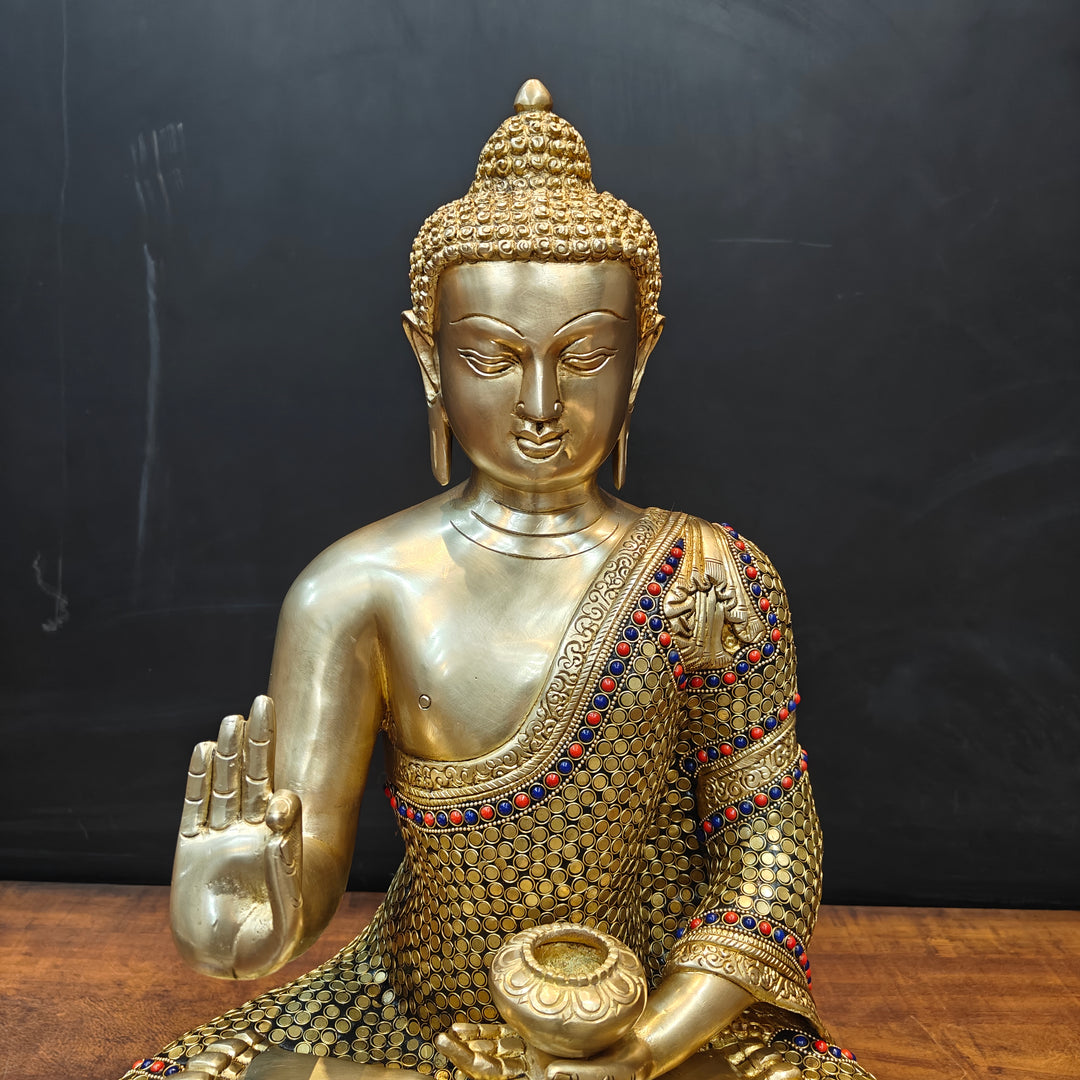 Brass Blessing Buddha Statue With Stone Work 2 Feet
