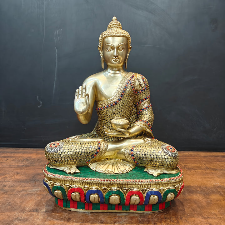 Brass Blessing Buddha Statue With Stone Work 2 Feet