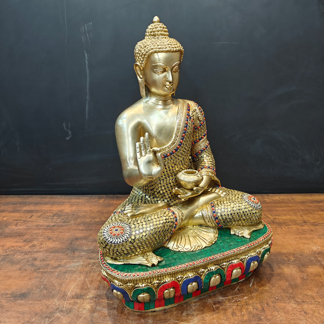 Brass Blessing Buddha Statue With Stone Work 2 Feet
