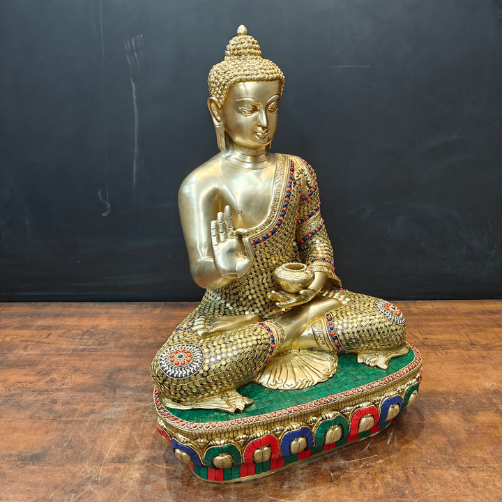 Brass Blessing Buddha Statue With Stone Work 2 Feet