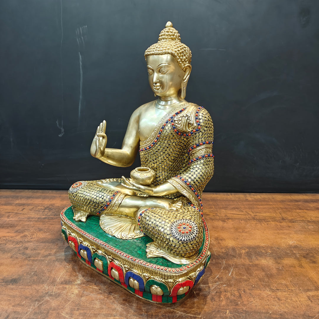 Brass Blessing Buddha Statue With Stone Work 2 Feet