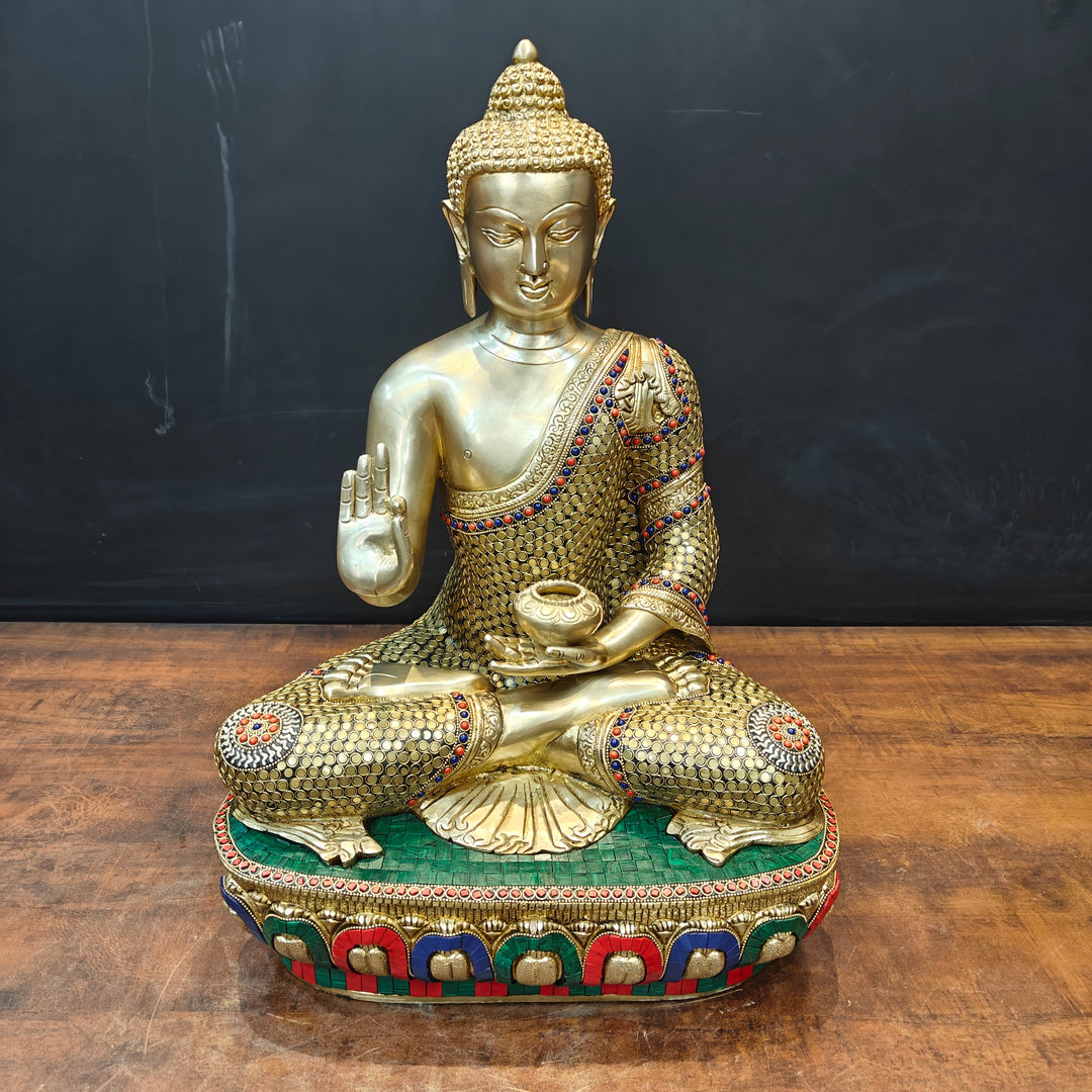 Brass Blessing Buddha Statue With Stone Work 2 Feet