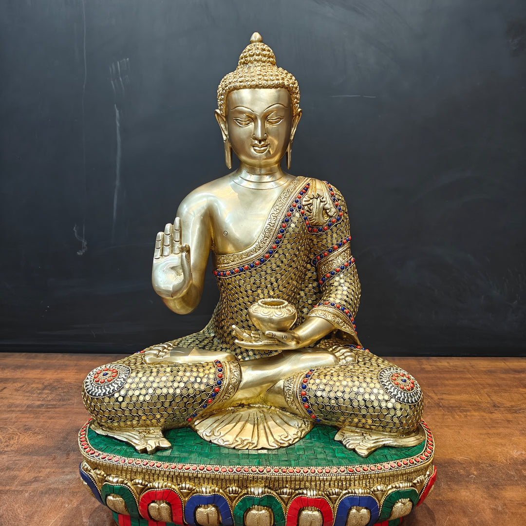 Brass Blessing Buddha Statue With Stone Work 2 Feet