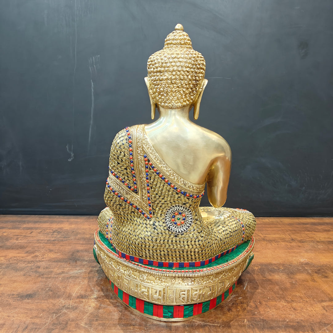 Brass Blessing Buddha Statue With Stone Work 2 Feet