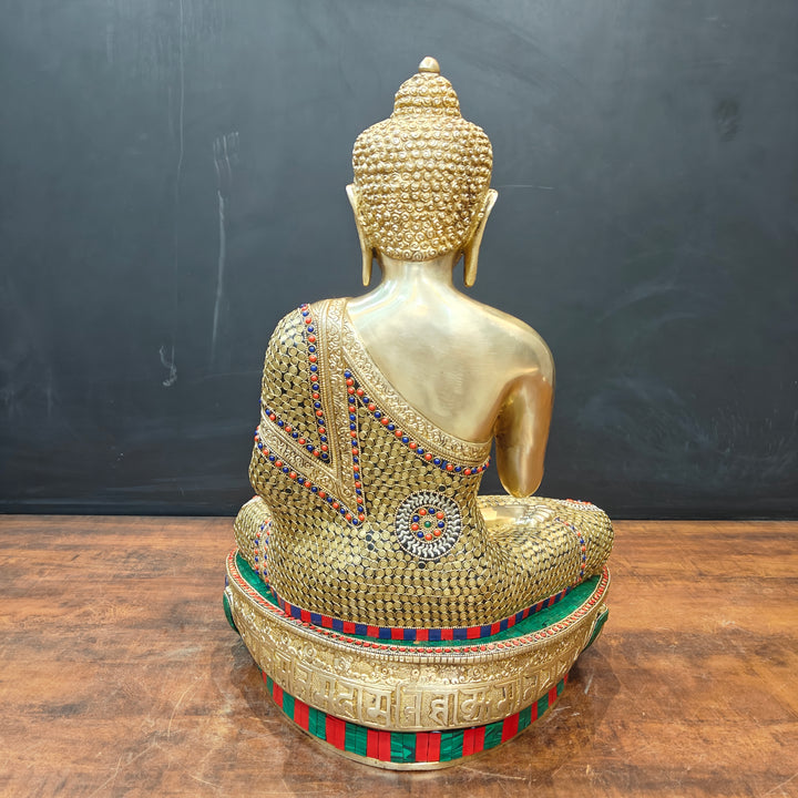 Brass Blessing Buddha Statue With Stone Work 2 Feet