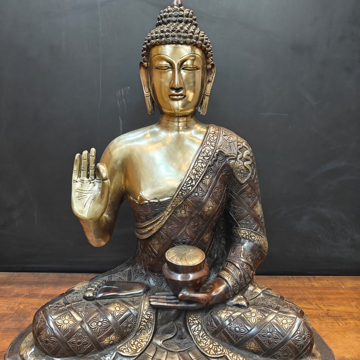 Brass Large Blessing Buddha Statue Antique Finish 2.5 Feet