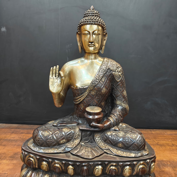Brass Large Blessing Buddha Statue Antique Finish 2.5 Feet
