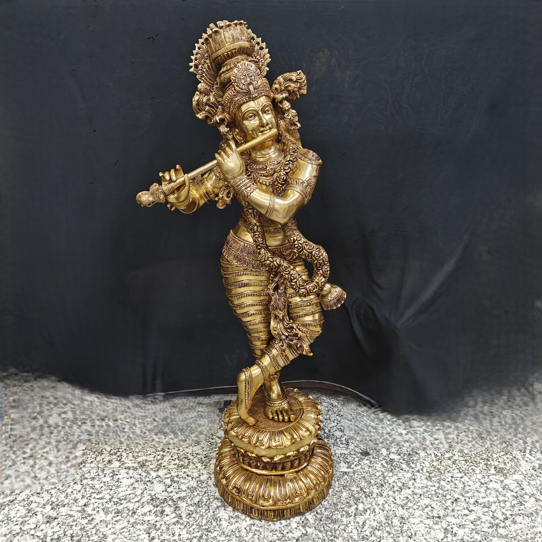 Brass Finely Crafted Standing Krishna Idol Sculpture 4 Feet