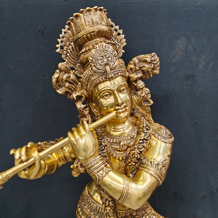 Brass Finely Crafted Standing Krishna Idol Sculpture 4 Feet