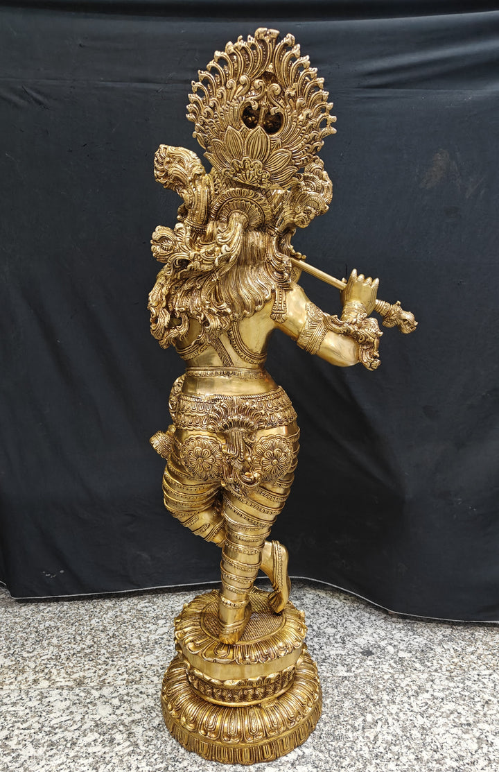 Brass Finely Crafted Standing Krishna Idol Sculpture 4 Feet