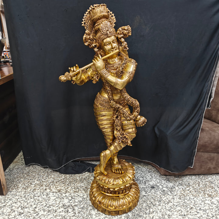 Brass Finely Crafted Standing Krishna Idol Sculpture 4 Feet