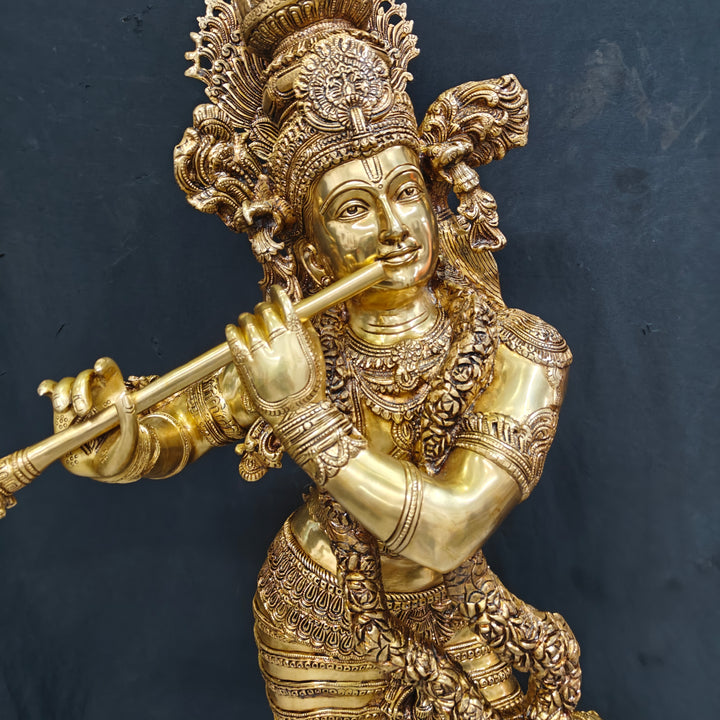 Brass Finely Crafted Standing Krishna Idol Sculpture 4 Feet