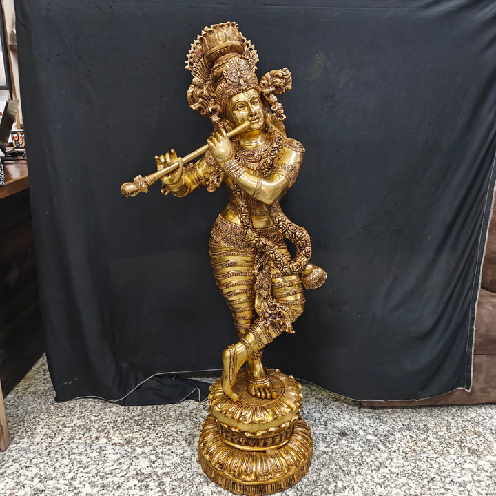 Brass Finely Crafted Standing Krishna Idol Sculpture 4 Feet