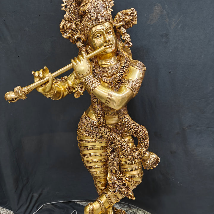 Brass Finely Crafted Standing Krishna Idol Sculpture 4 Feet