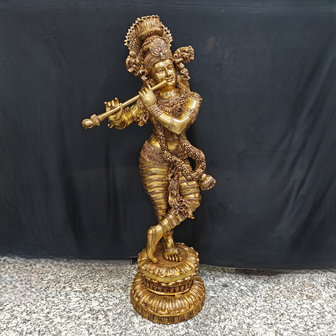 Brass Finely Crafted Standing Krishna Idol Sculpture 4 Feet