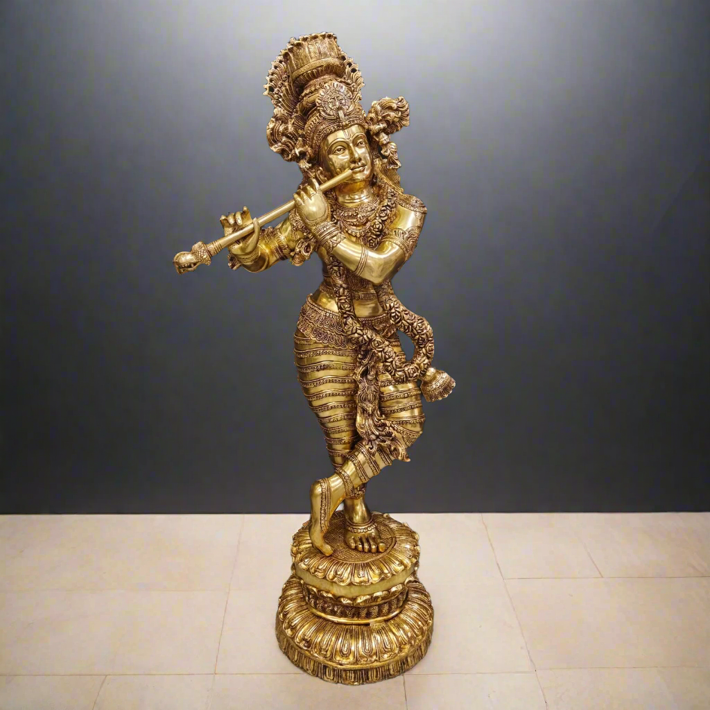 Brass Finely Crafted Standing Krishna Idol Sculpture 4 Feet
