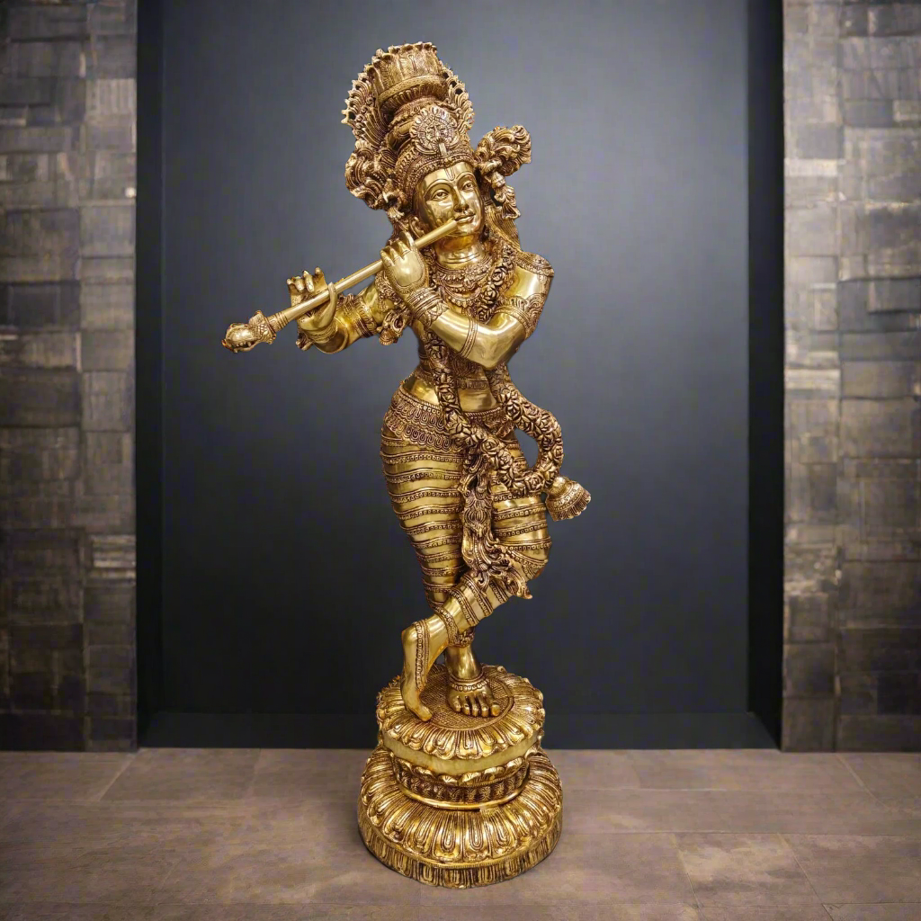 Brass Finely Crafted Standing Krishna Idol Sculpture 4 Feet