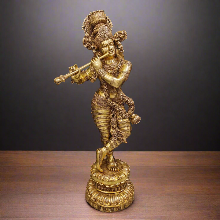 Brass Finely Crafted Standing Krishna Idol Sculpture 4 Feet