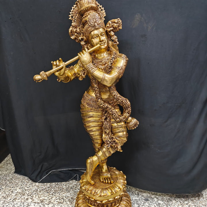 Brass Finely Crafted Standing Krishna Idol Sculpture 4 Feet