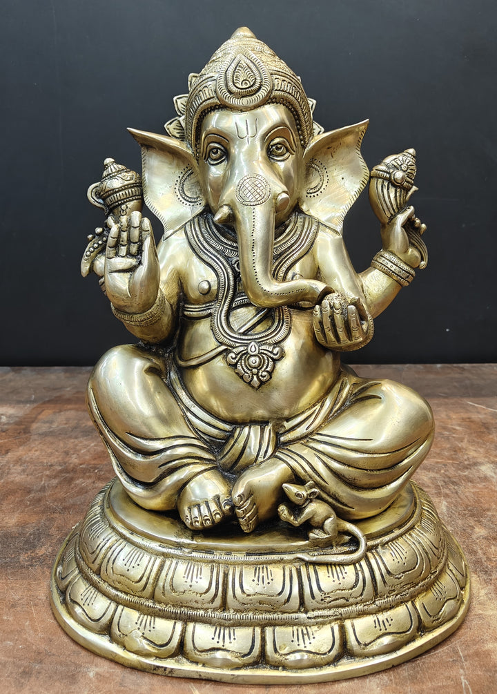Brass Superfine Ganesha Idol Antique Finish For Home Decor 15 Inch
