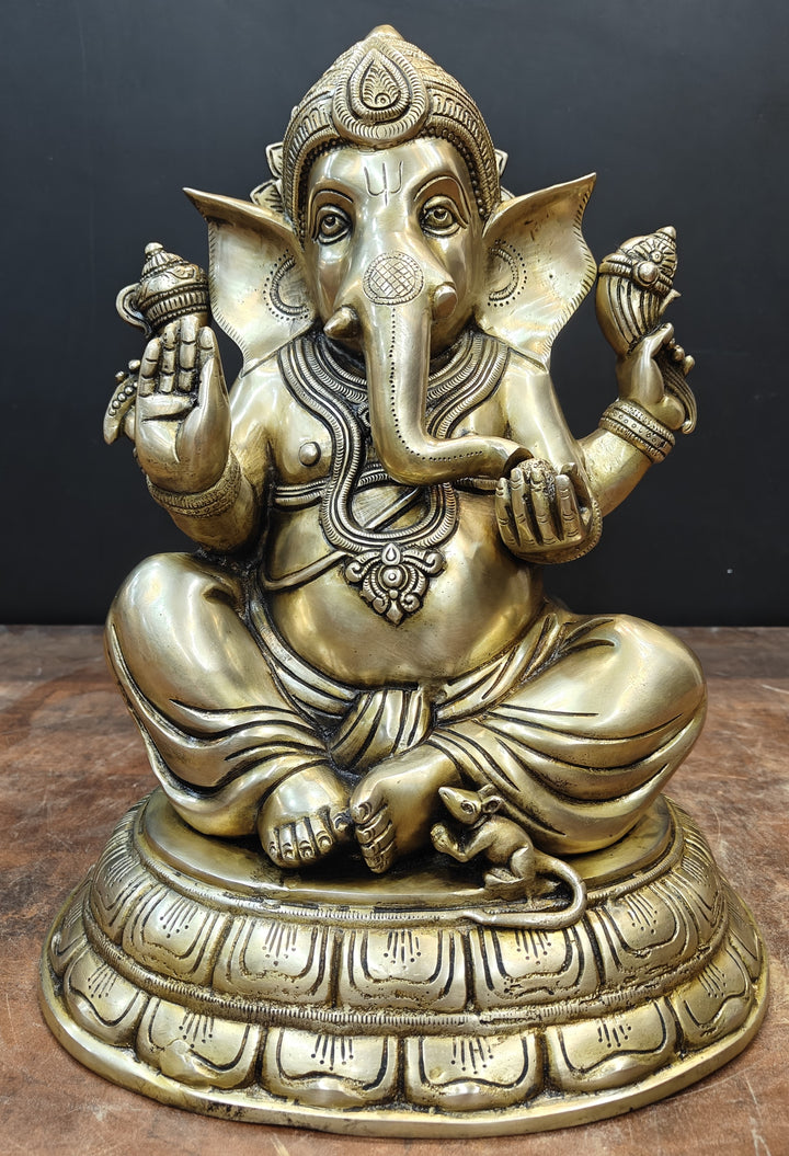 Brass Superfine Ganesha Idol Antique Finish For Home Decor 15 Inch