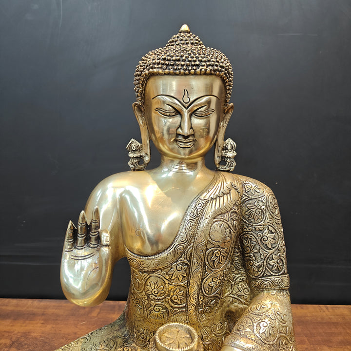 Brass Blessing Buddha Statue With Flower Carving 2 Feet