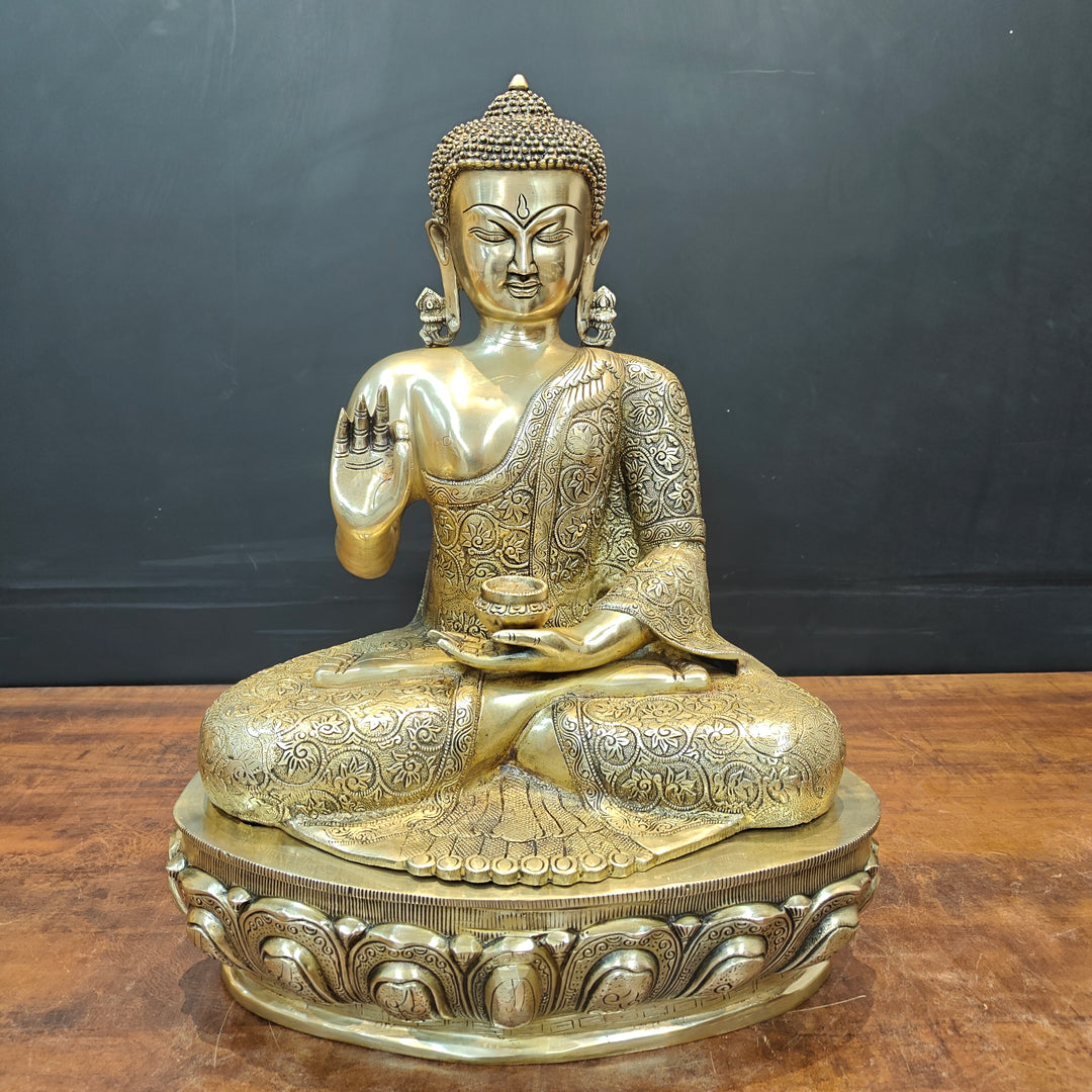 Brass Blessing Buddha Statue With Flower Carving 2 Feet