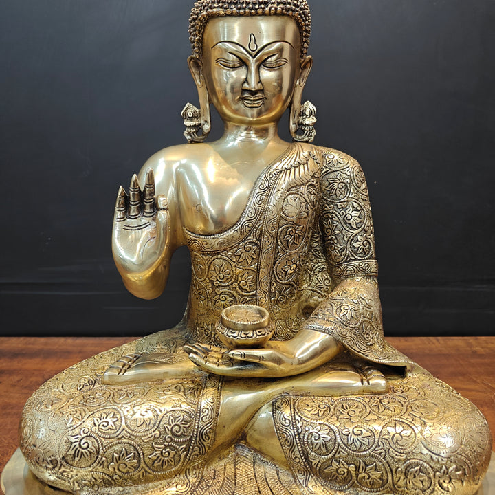 Brass Blessing Buddha Statue With Flower Carving 2 Feet