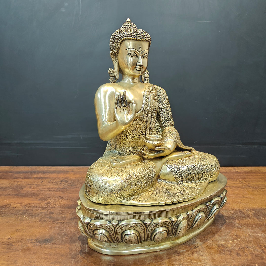 Brass Blessing Buddha Statue With Flower Carving 2 Feet