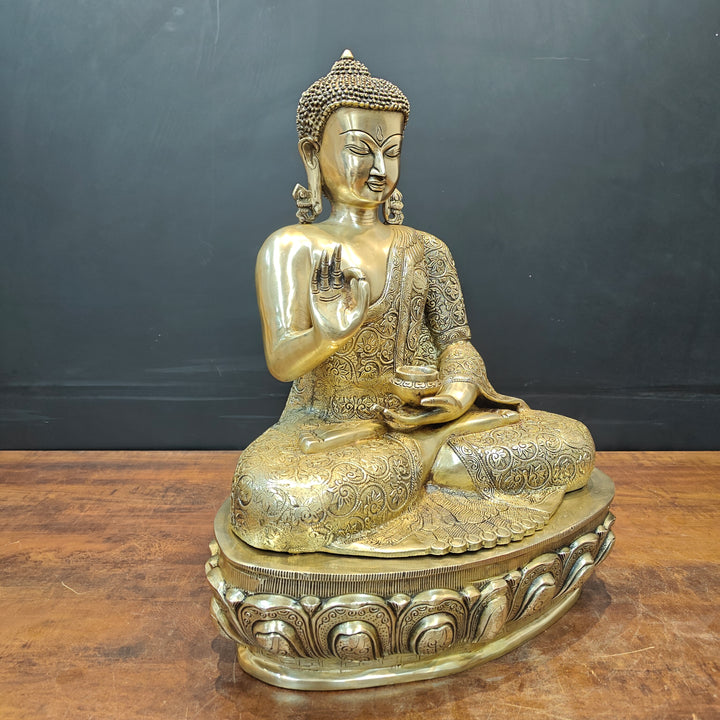Brass Blessing Buddha Statue With Flower Carving 2 Feet