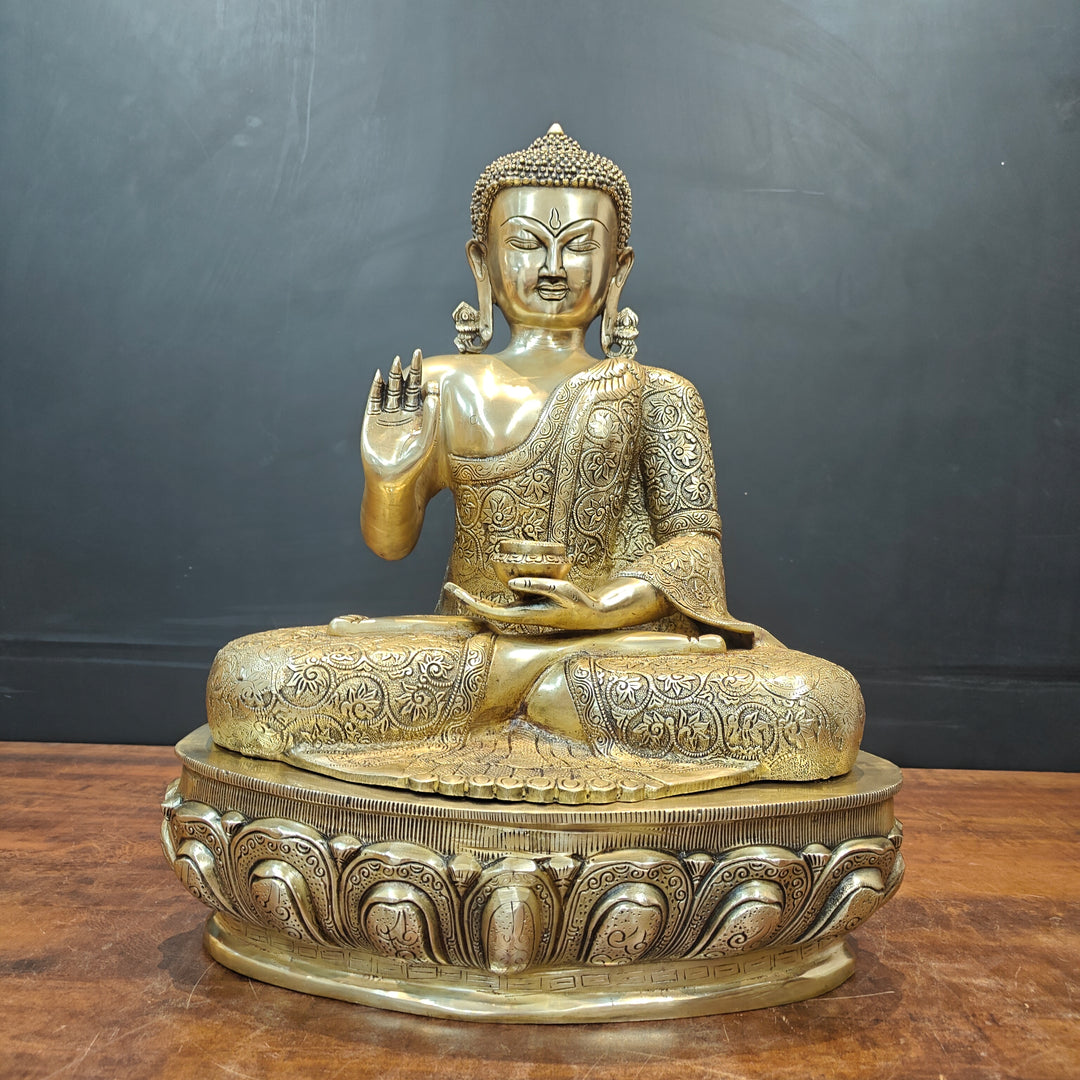 Brass Blessing Buddha Statue With Flower Carving 2 Feet