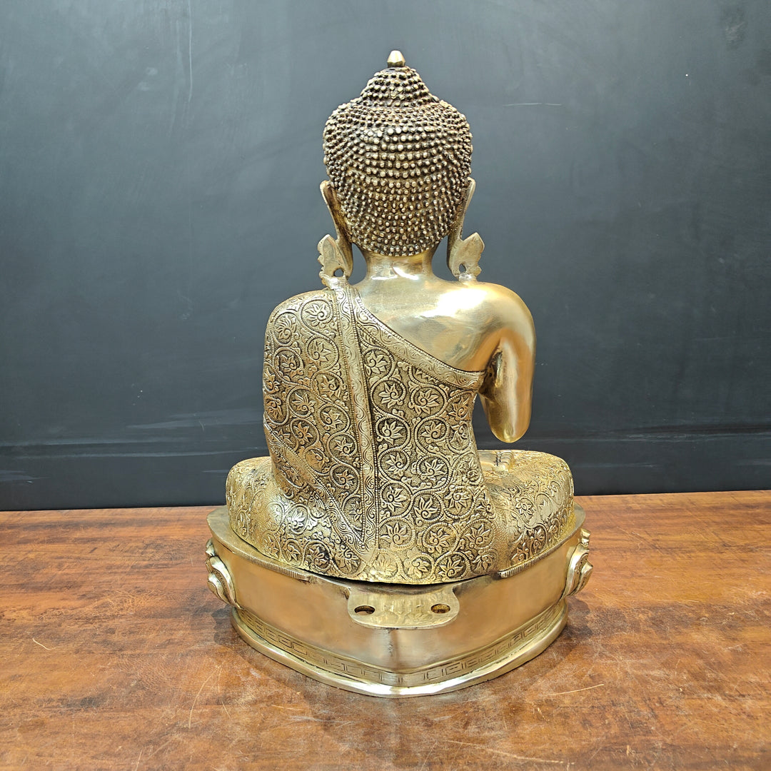 Brass Blessing Buddha Statue With Flower Carving 2 Feet