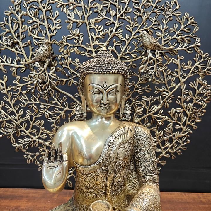 Brass Buddha Idol With Bodhi Tree Stone Work 32 Inches