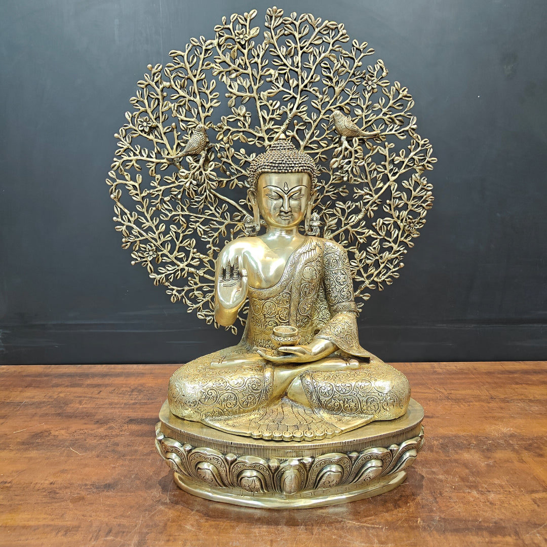 Brass Buddha Idol With Bodhi Tree Stone Work 32 Inches
