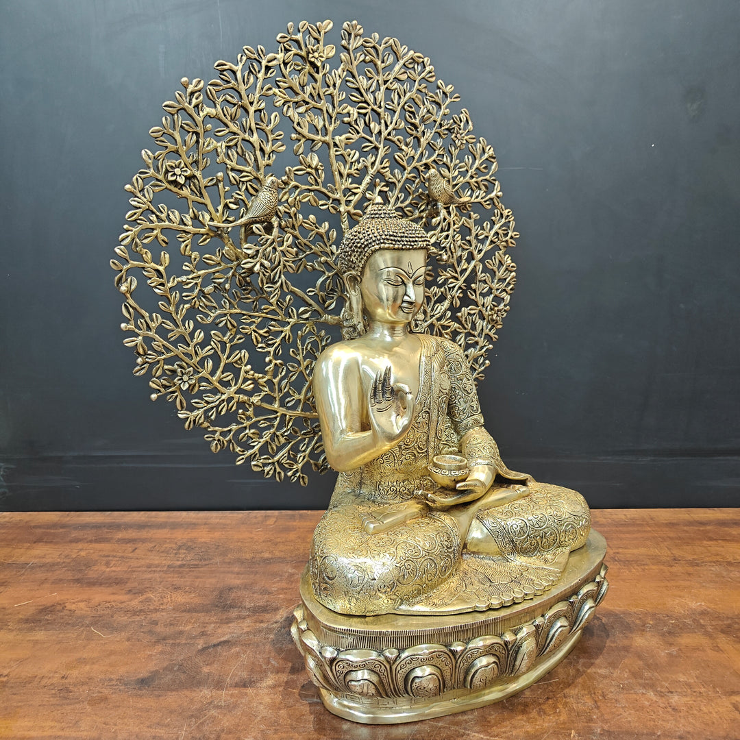 Brass Buddha Idol With Bodhi Tree Stone Work 32 Inches