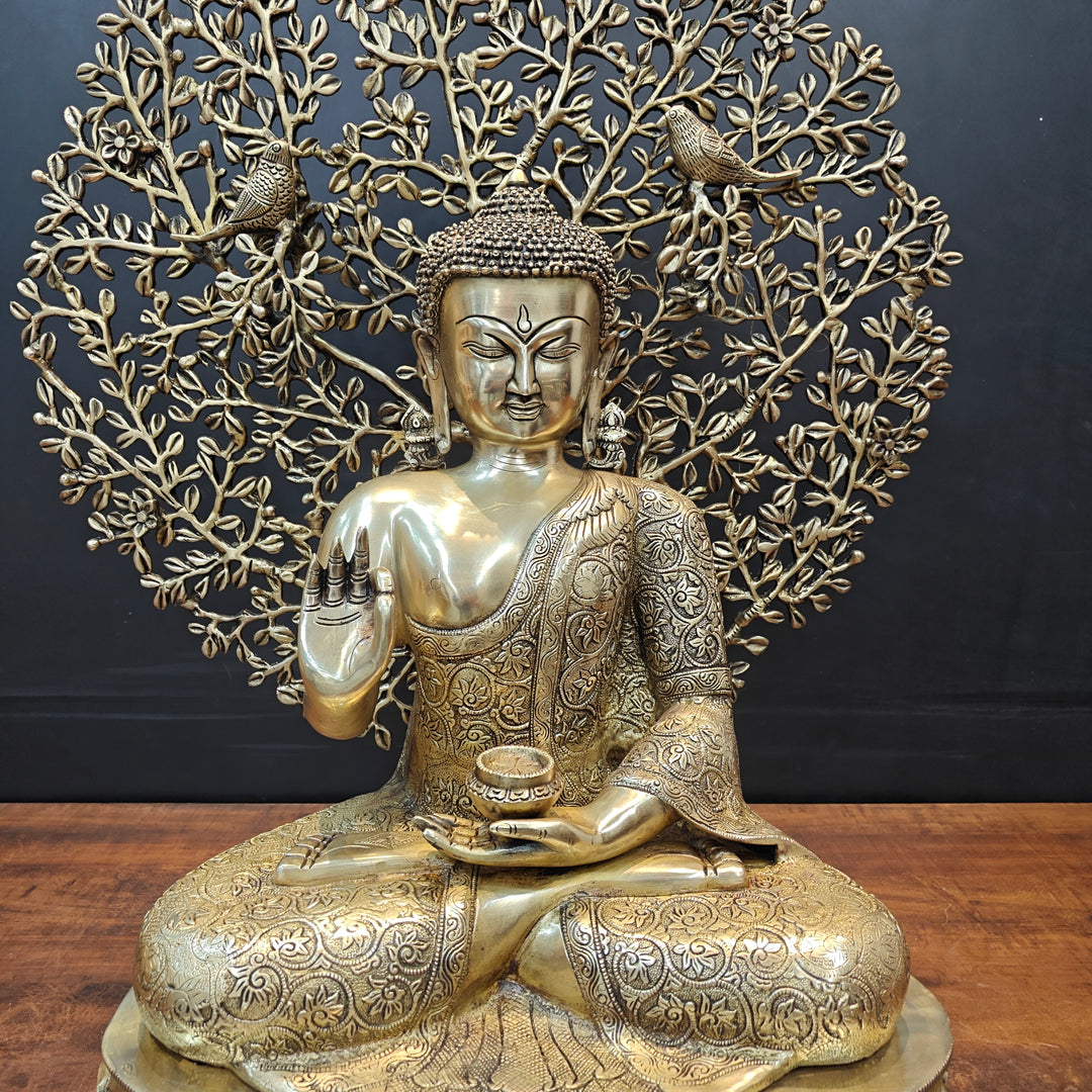 Brass Buddha Idol With Bodhi Tree Stone Work 32 Inches