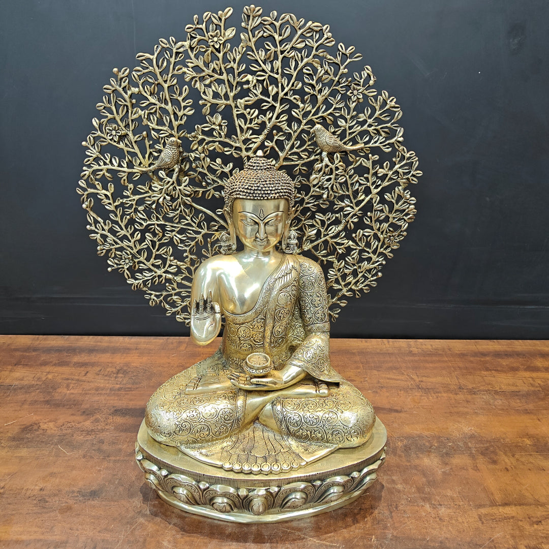 Brass Buddha Idol With Bodhi Tree Stone Work 32 Inches