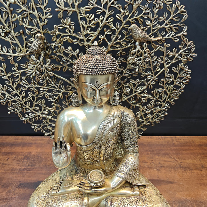 Brass Buddha Idol With Bodhi Tree Stone Work 32 Inches