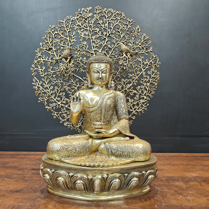 Brass Buddha Idol With Bodhi Tree Stone Work 32 Inches