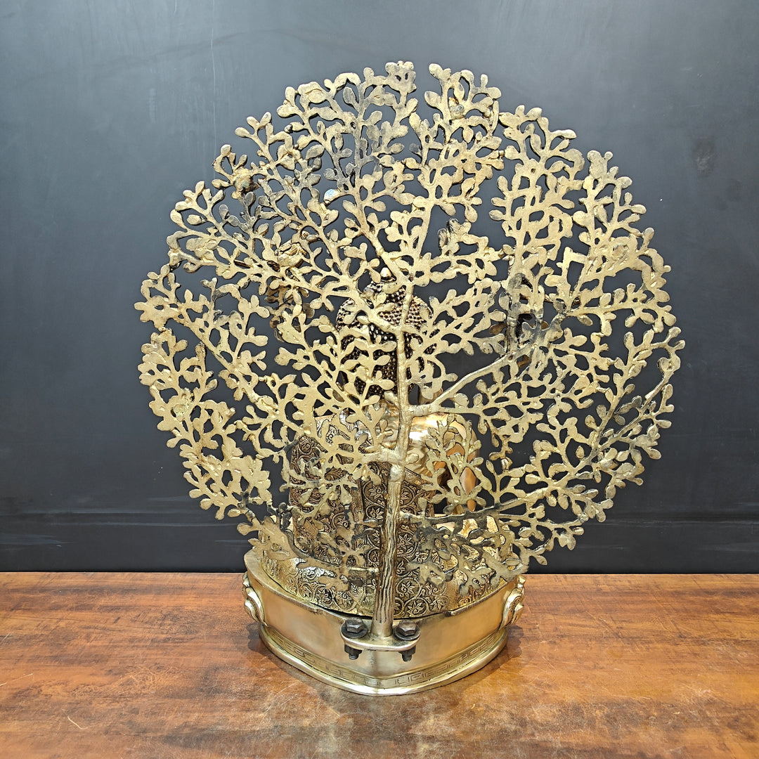 Brass Buddha Idol With Bodhi Tree Stone Work 32 Inches