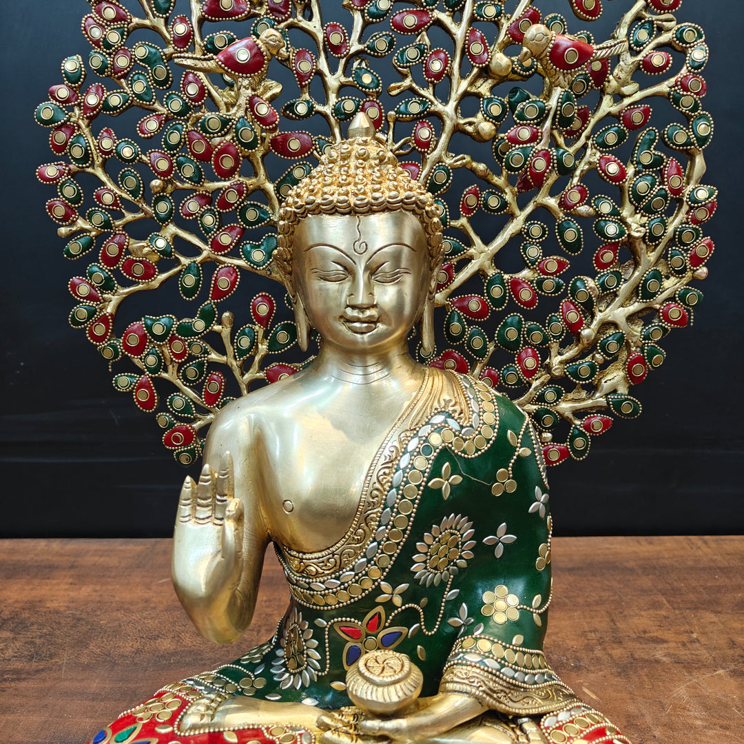 Brass Buddha Statue With Bodhi Tree stone Work 22 Inch