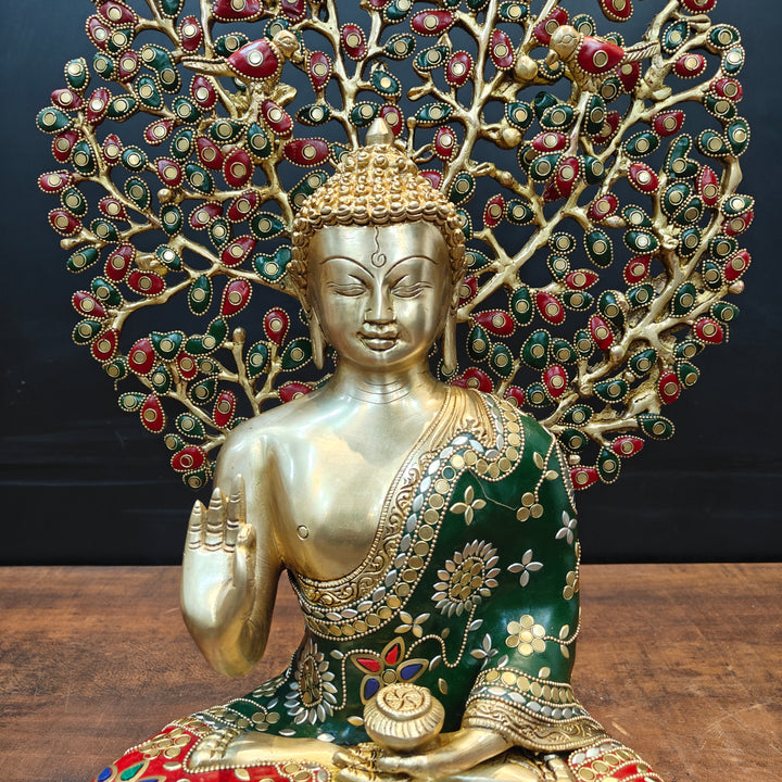 Brass Buddha Statue With Bodhi Tree stone Work 22 Inch