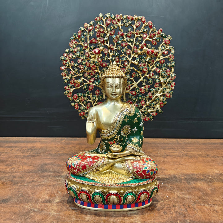 Brass Buddha Statue With Bodhi Tree stone Work 22 Inch