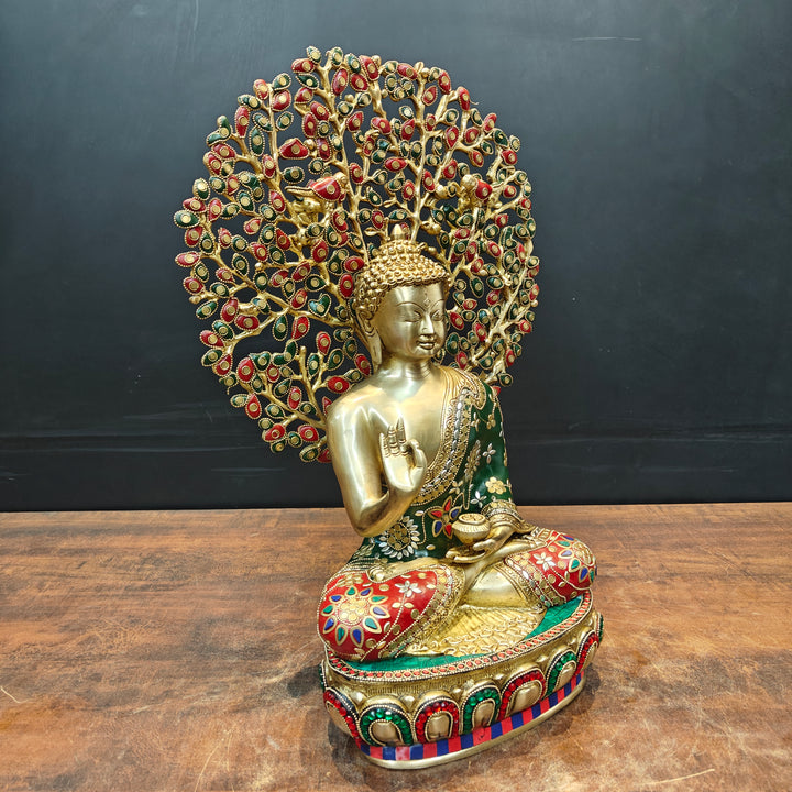 Brass Buddha Statue With Bodhi Tree stone Work 22 Inch