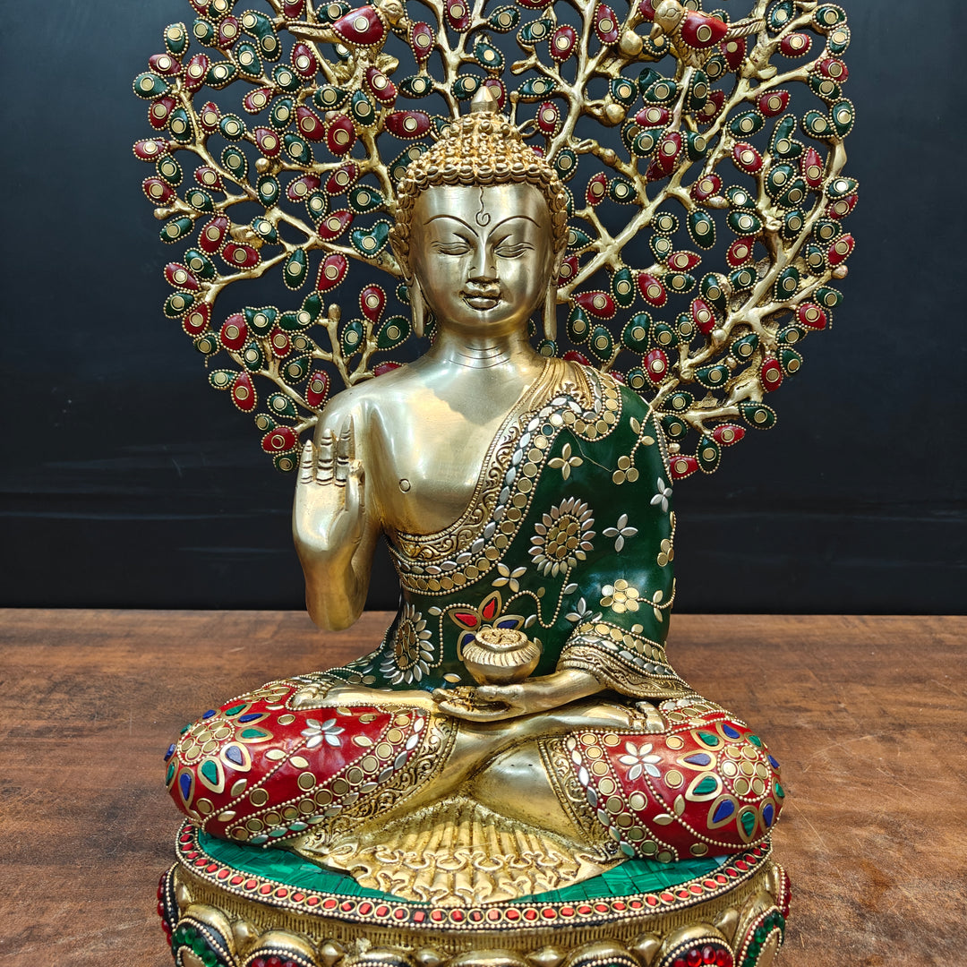 Brass Buddha Statue With Bodhi Tree stone Work 22 Inch