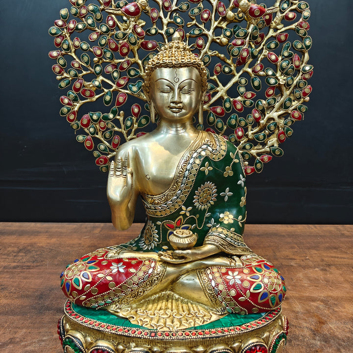 Brass Buddha Statue With Bodhi Tree stone Work 22 Inch