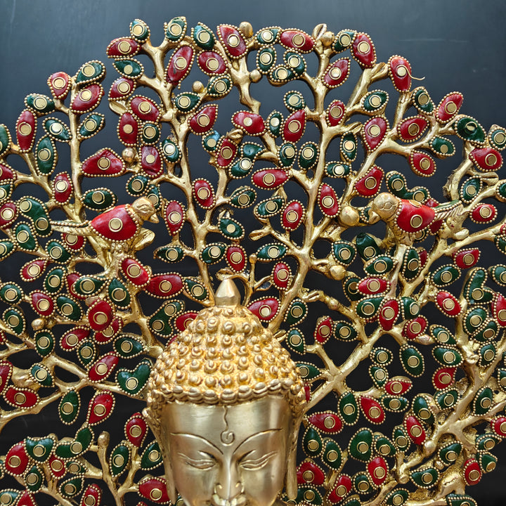 Brass Buddha Statue With Bodhi Tree stone Work 22 Inch