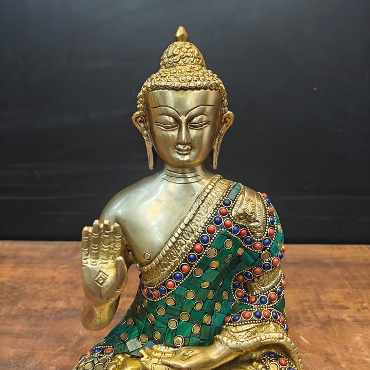 Brass Blessing Buddha Statue With Stone Work 13 Inch