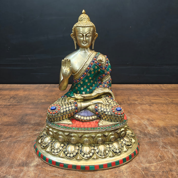 Brass Blessing Buddha Statue With Stone Work 13 Inch